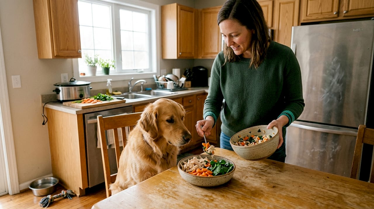 Dog receiving real homemade food in kitchen