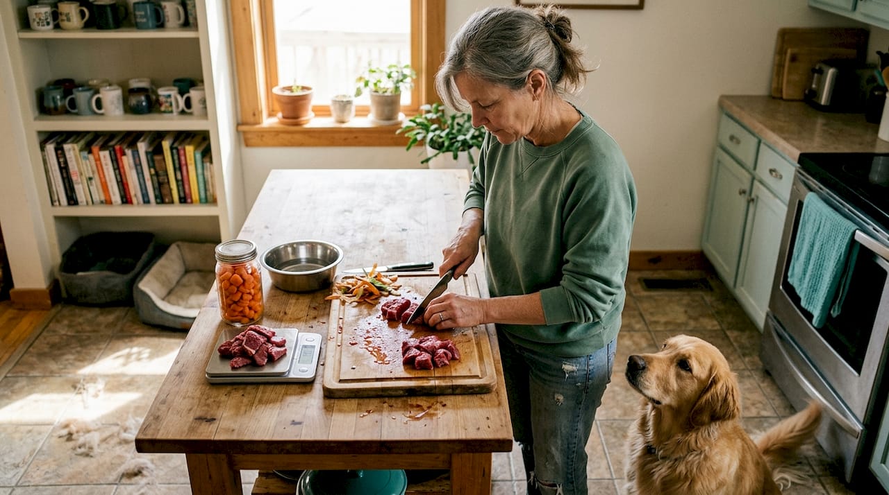 Woman preparing raw dog food in home kitchen
