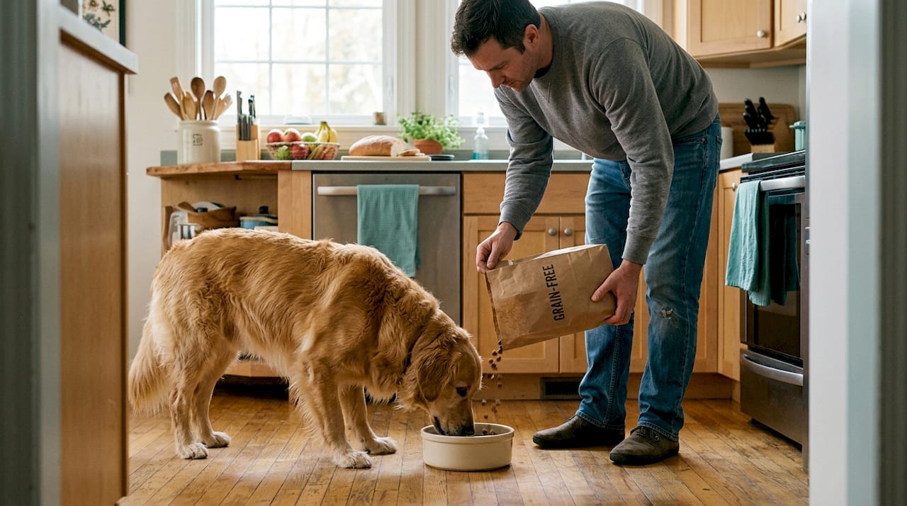 Dog eating grain-free food in family kitchen