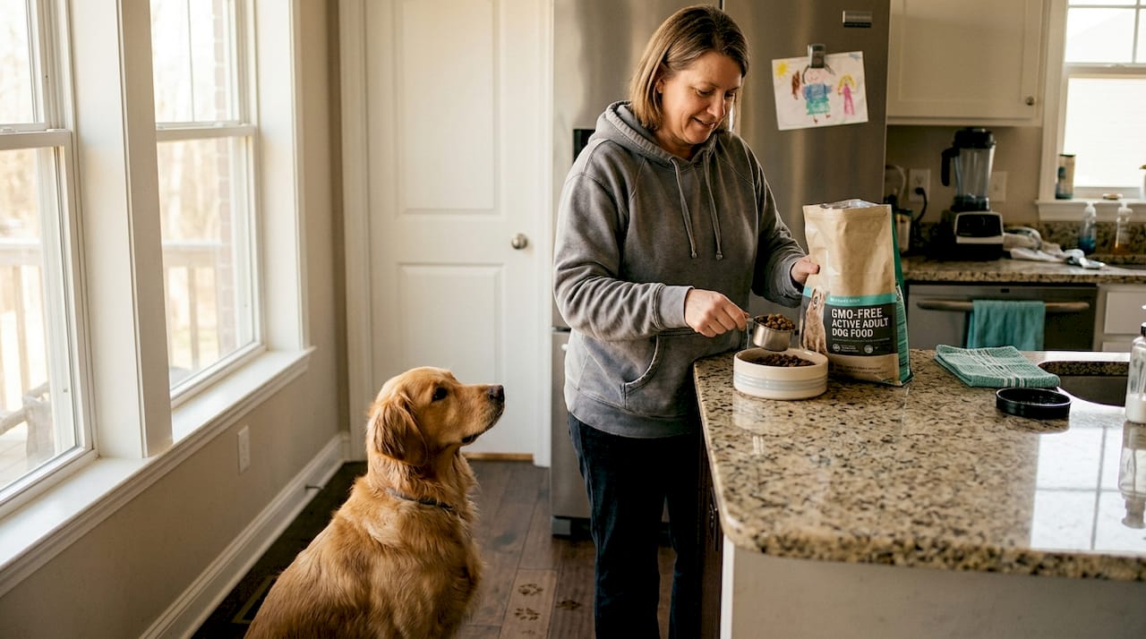 Woman preparing GMO-free dog food in kitchen