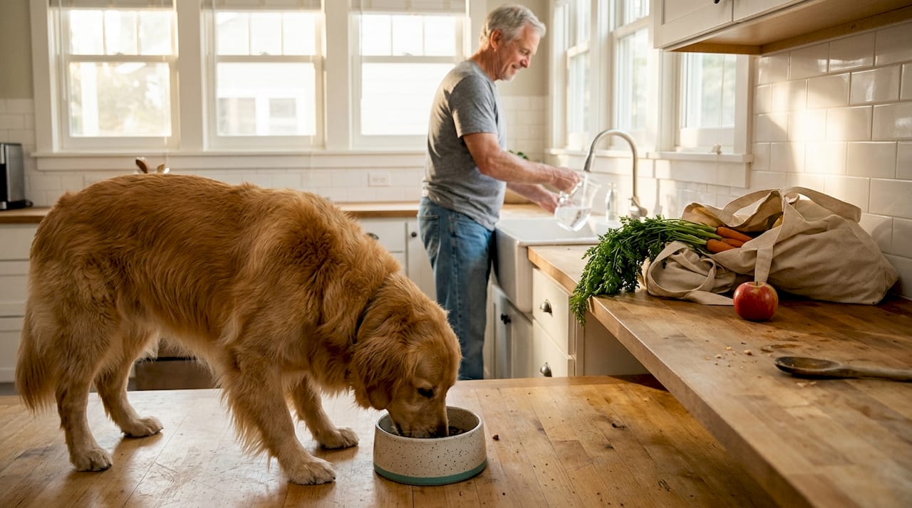 Dog eating natural food in home kitchen