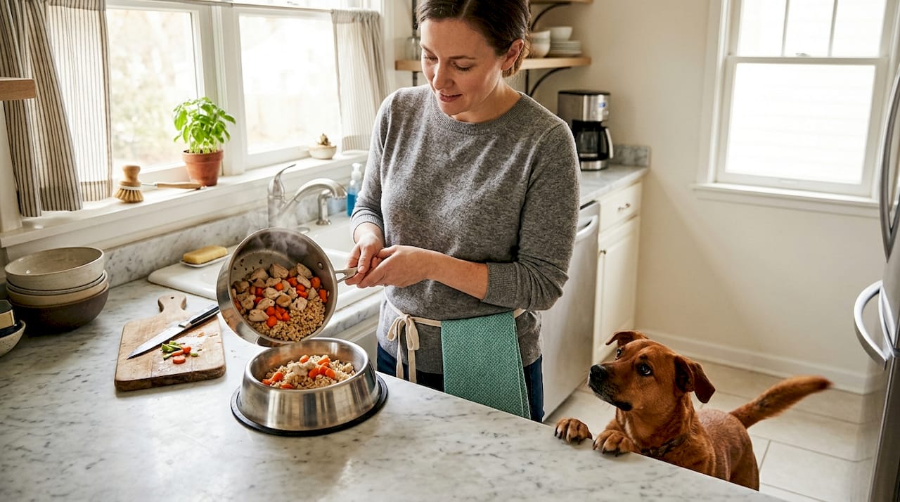 Woman preparing fresh dog food in kitchen