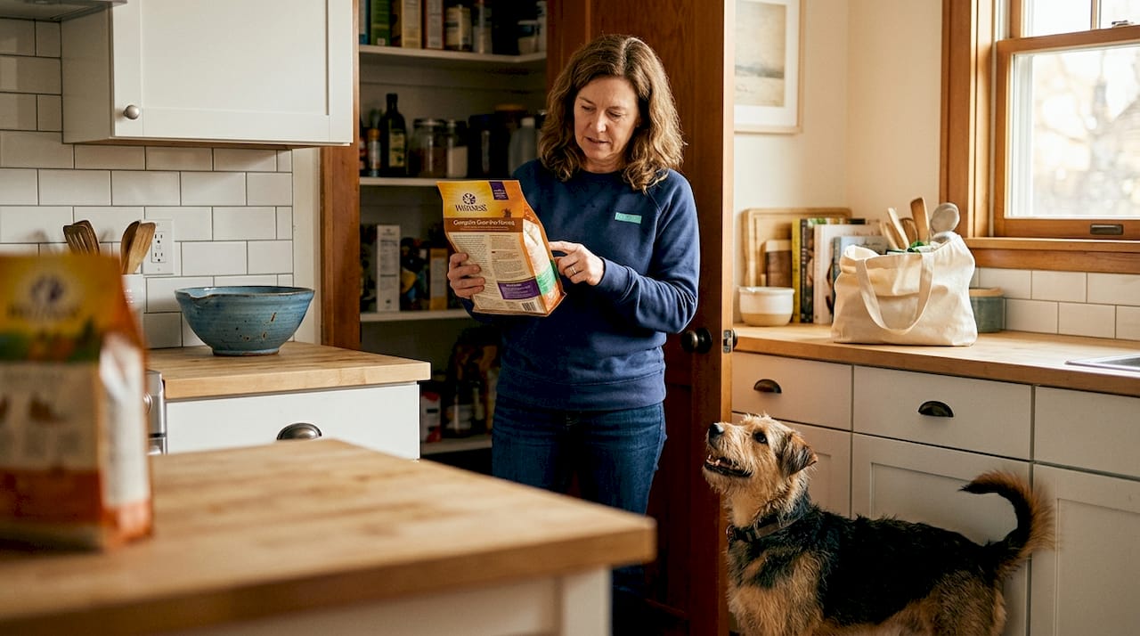Dog owner reading grain-free food label in kitchen
