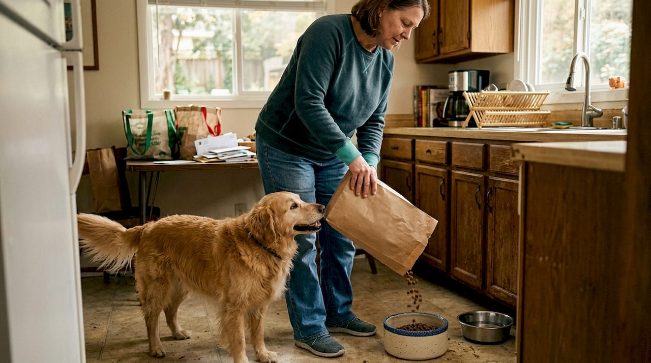 Woman feeding dog clean label food in kitchen