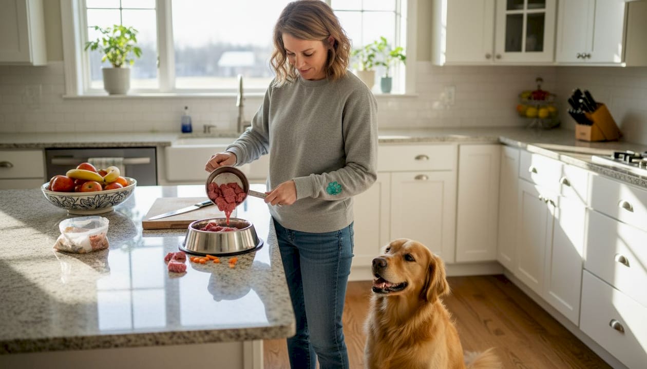 Owner preparing raw pet food in sunny kitchen