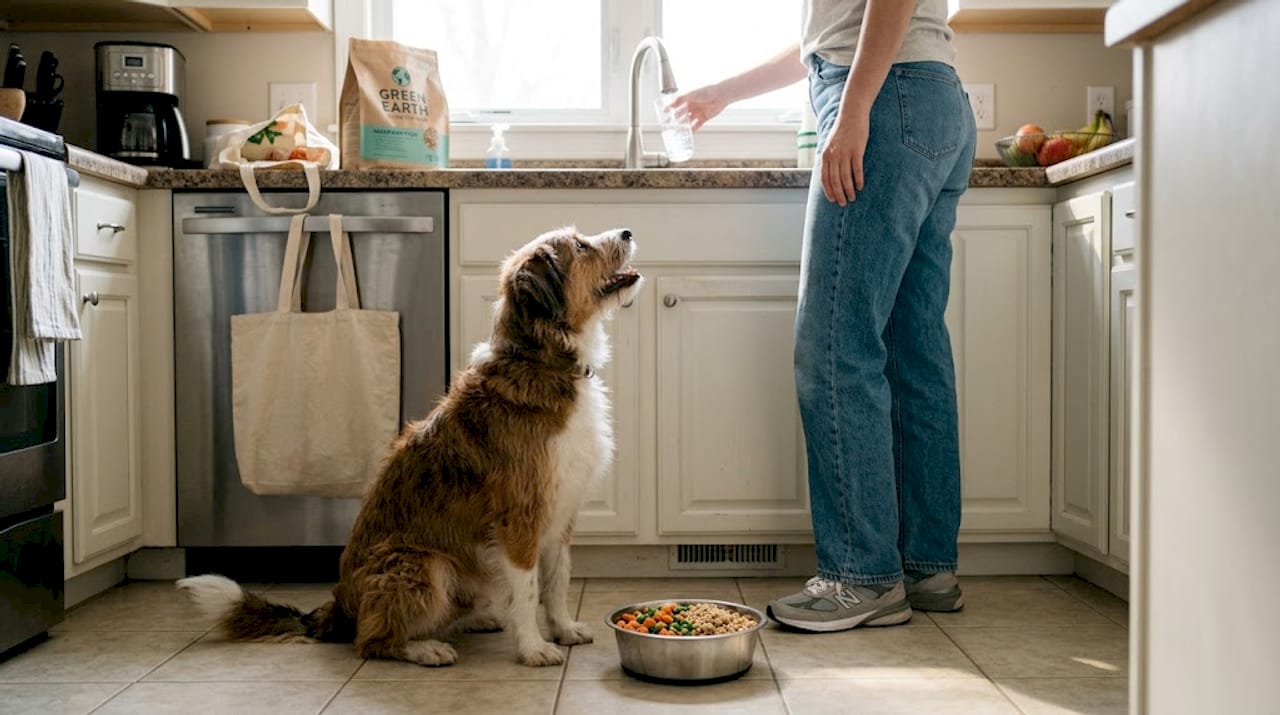Dog eating vegan food in a lived-in kitchen