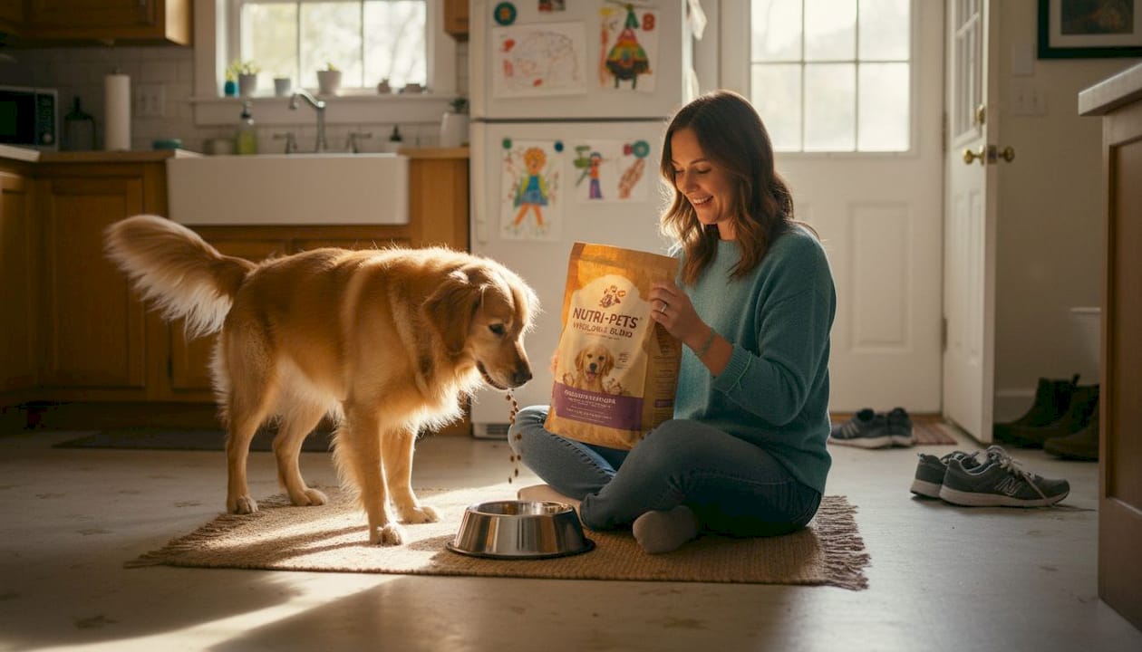 Dog owner pours specialty food in kitchen bowl