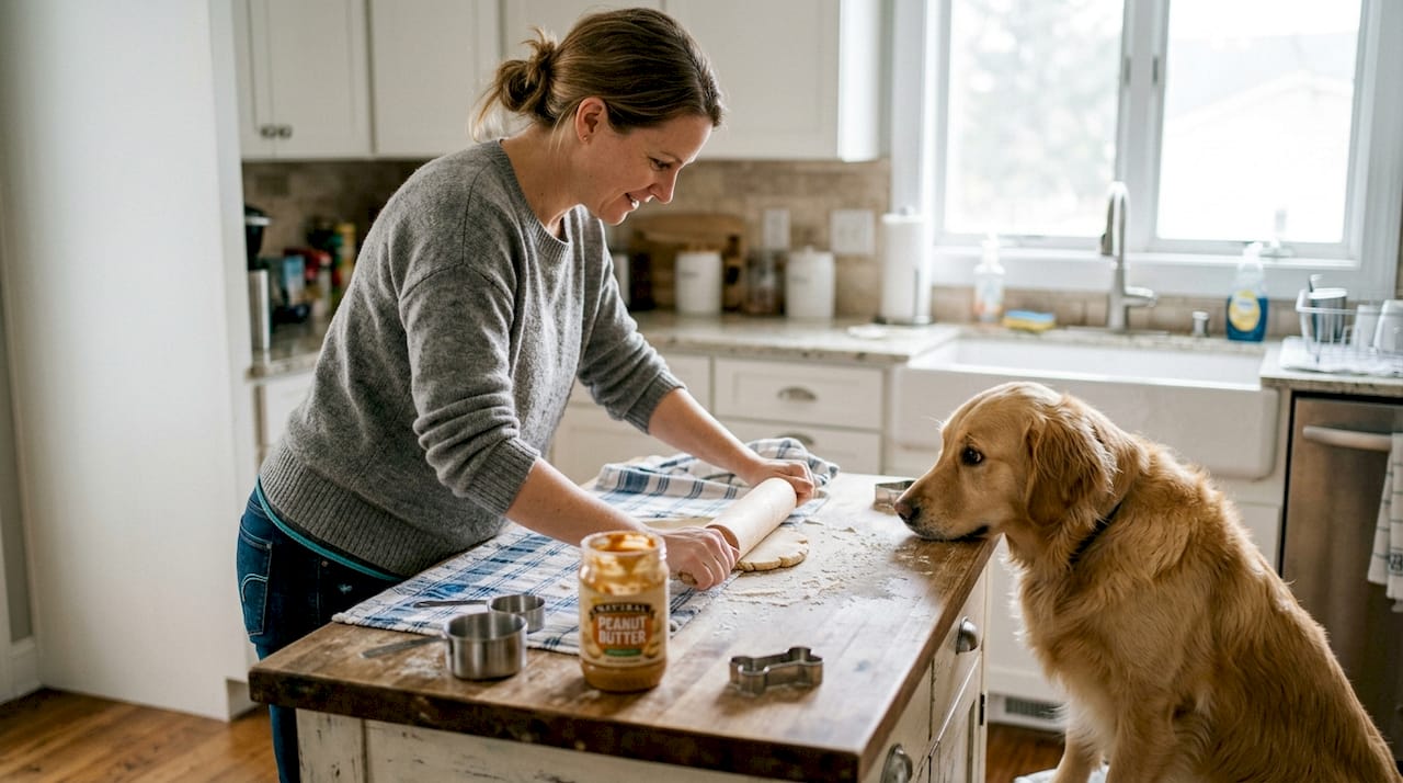 Woman making homemade dog treats in kitchen