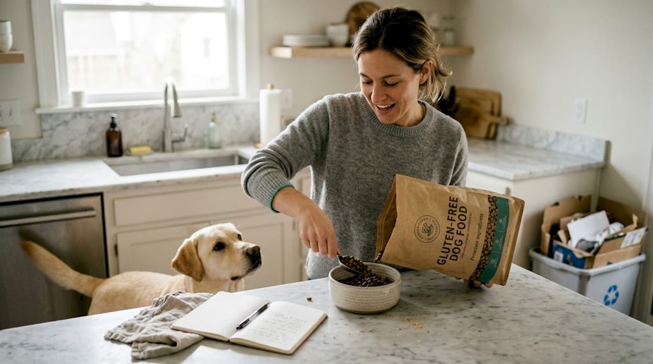 Dog owner prepares gluten-free dog food bowl