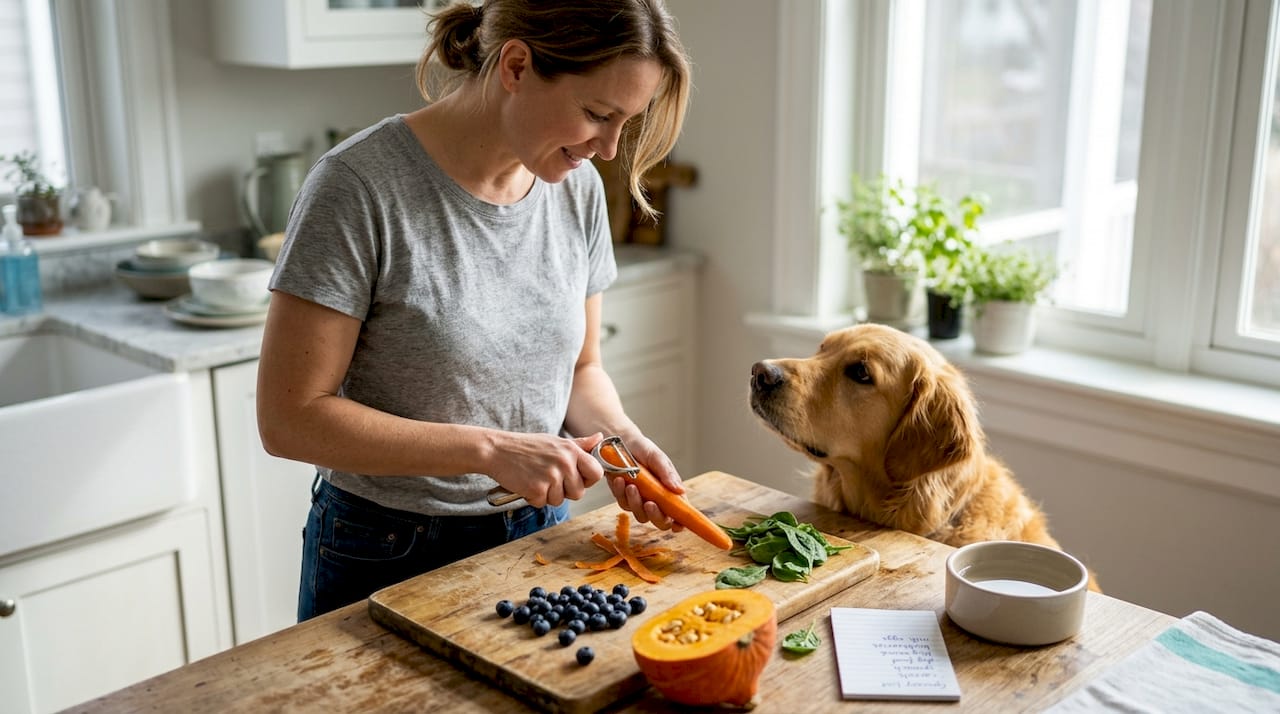 Dog watches owner prepare superfoods in kitchen