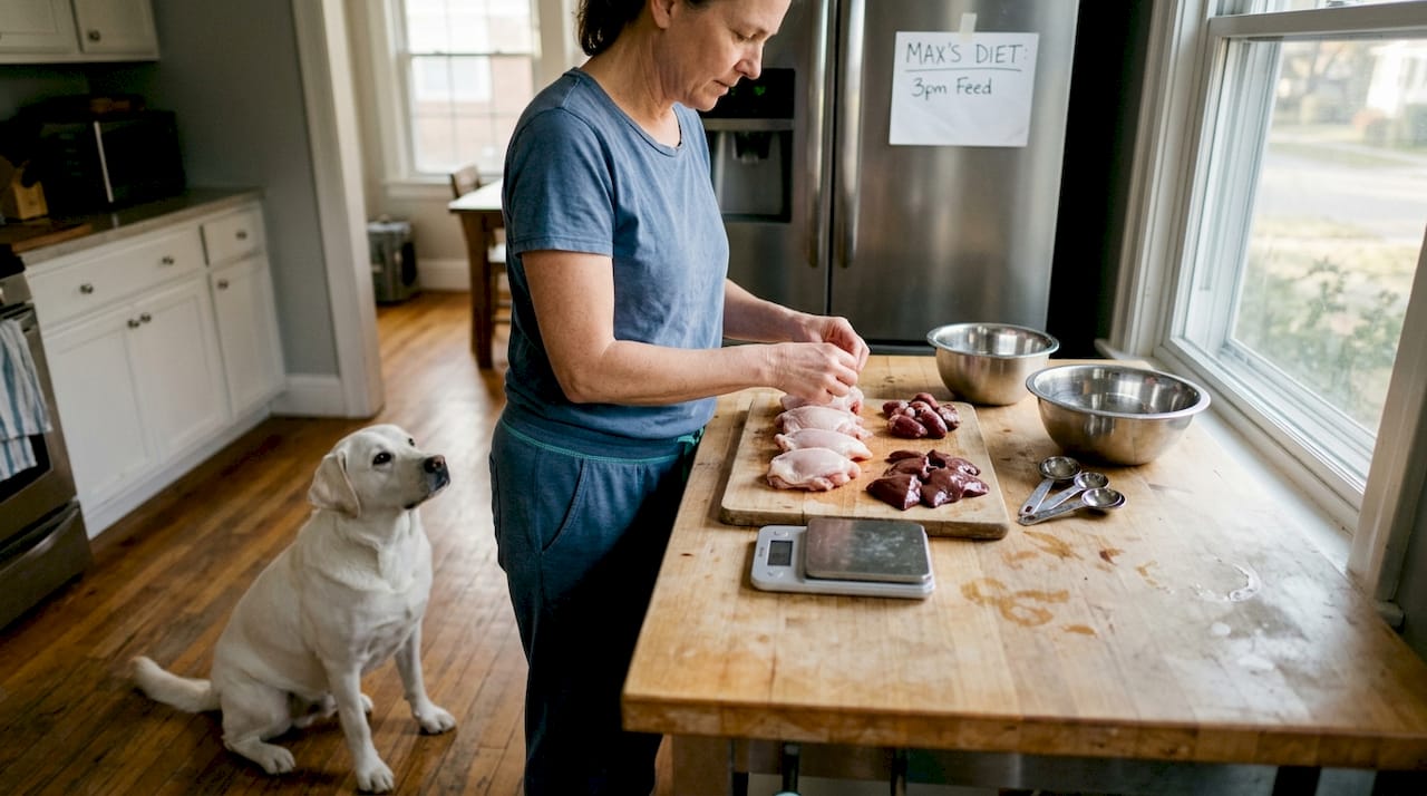 Dog owner prepares raw food in kitchen