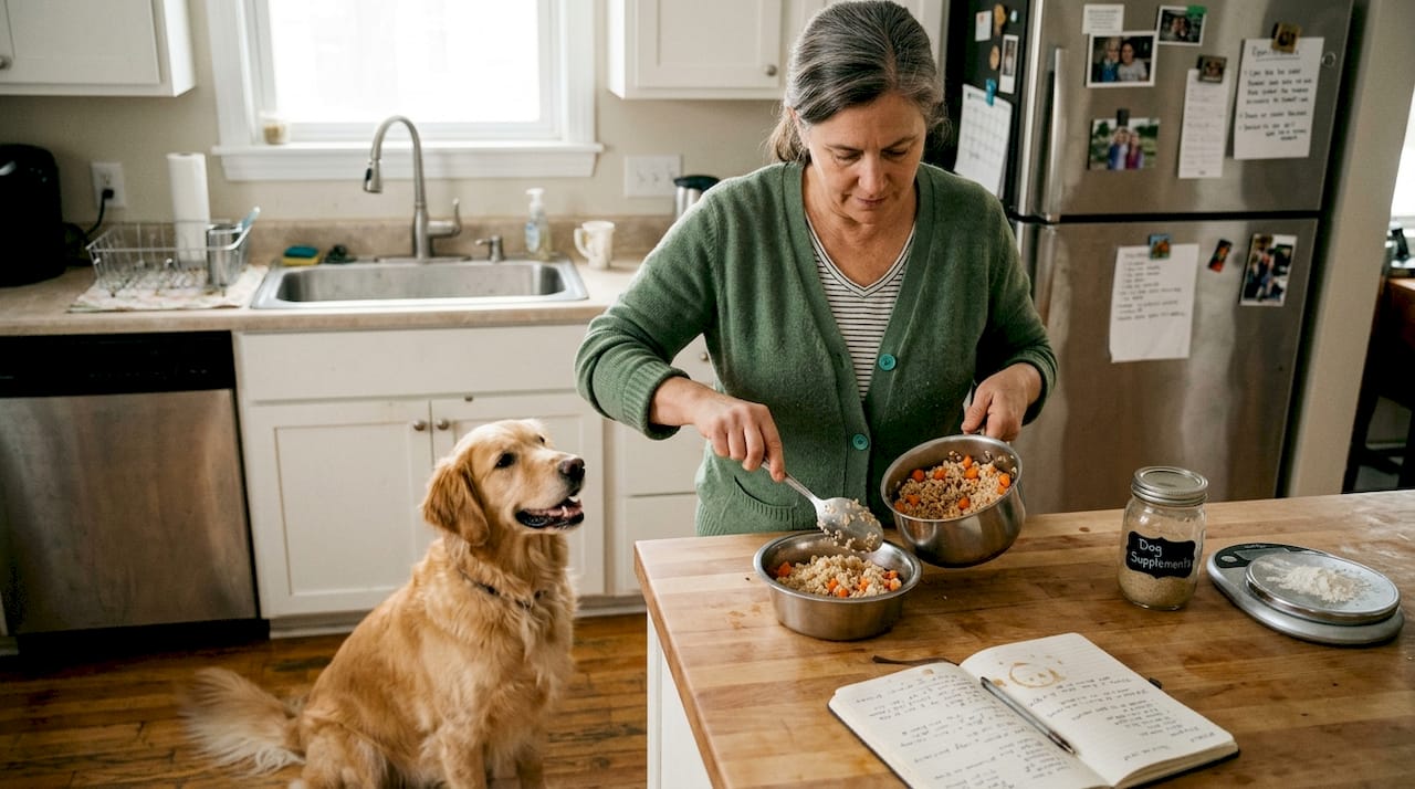 Pet owner making homemade meal at kitchen counter
