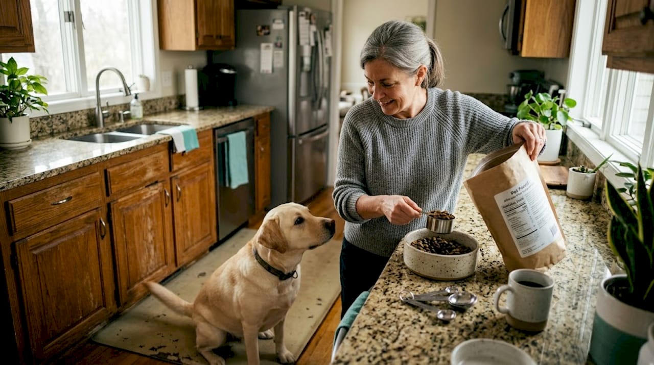 Dog and owner with allergen-free food in kitchen