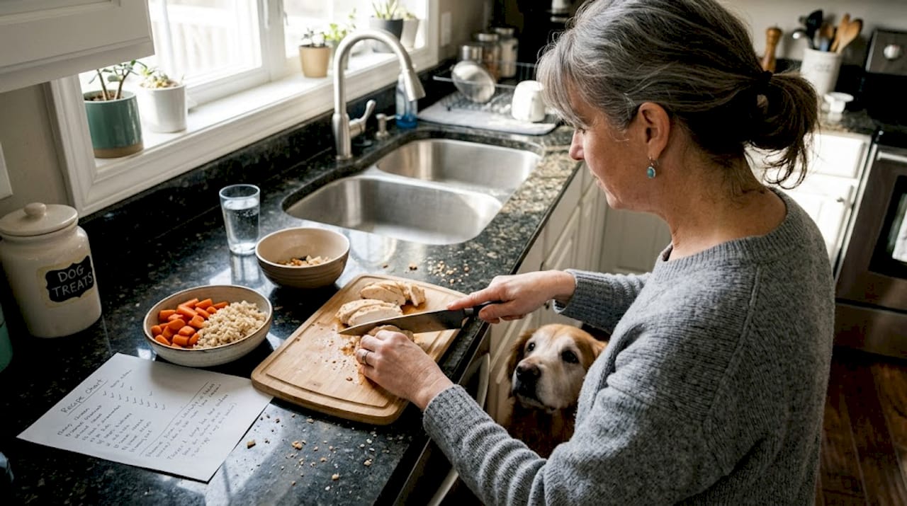 Dog owner preparing nutritious meal in kitchen