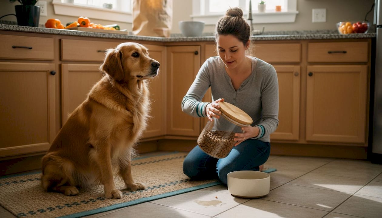 Dog waiting for natural pet food in kitchen
