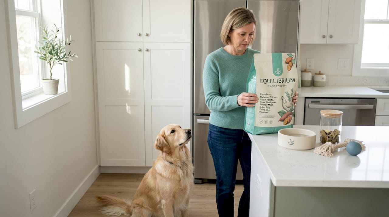 Woman inspects dog food ingredients in kitchen
