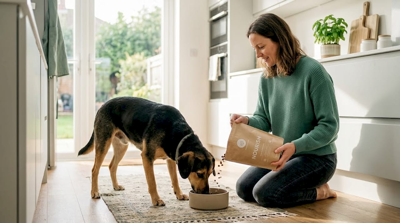 Dog eating labeled food in bright kitchen