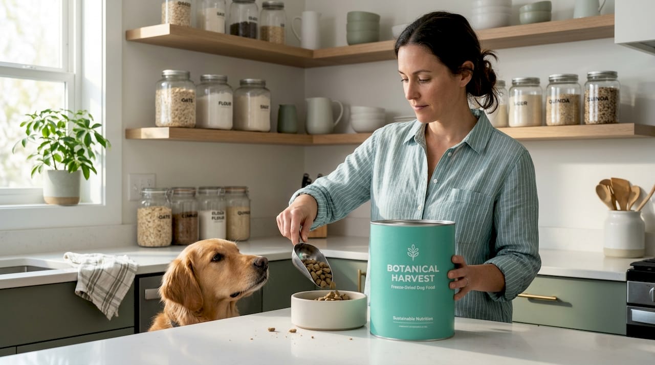 Dog owner prepares freeze-dried food in kitchen