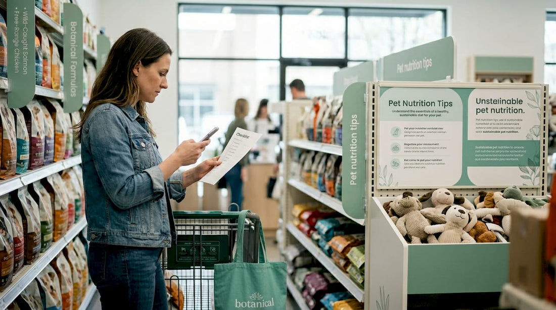 Woman checks dog food list in pet store aisle