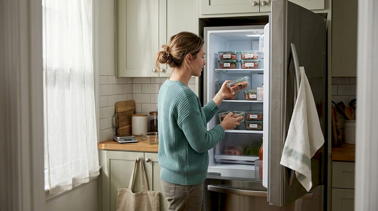 Woman storing dog food in refrigerator containers