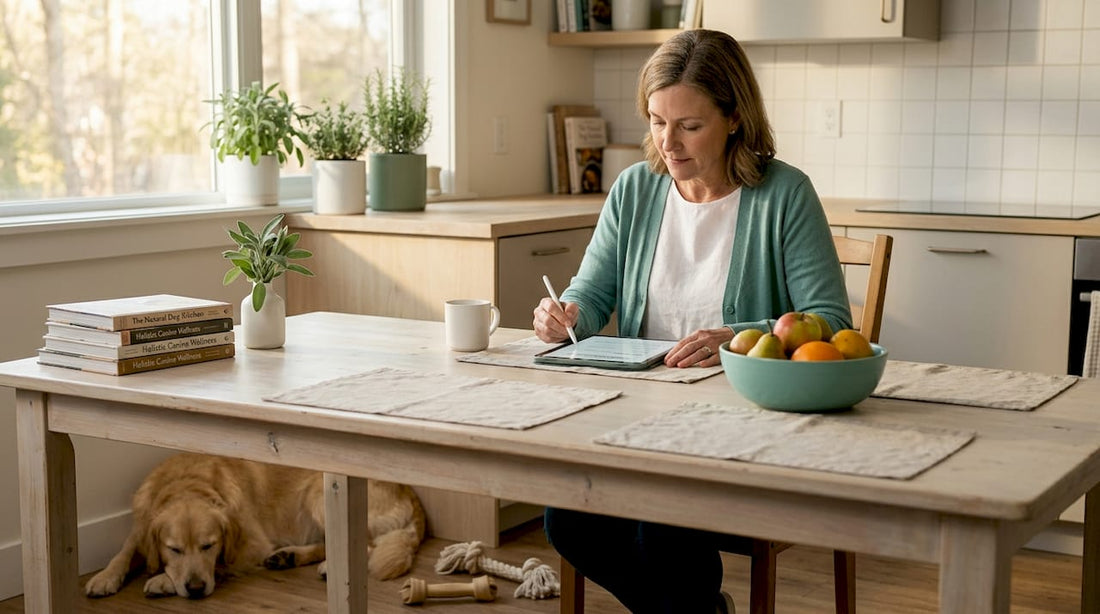 Woman consulting dog nutrition at kitchen table