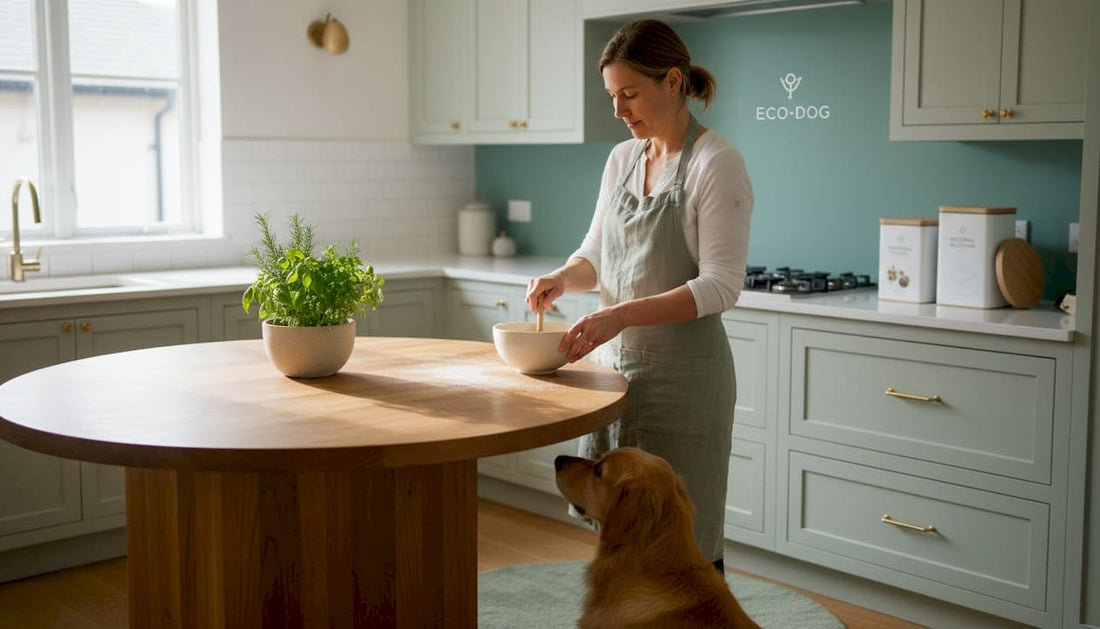 Woman preparing natural pet meal in kitchen