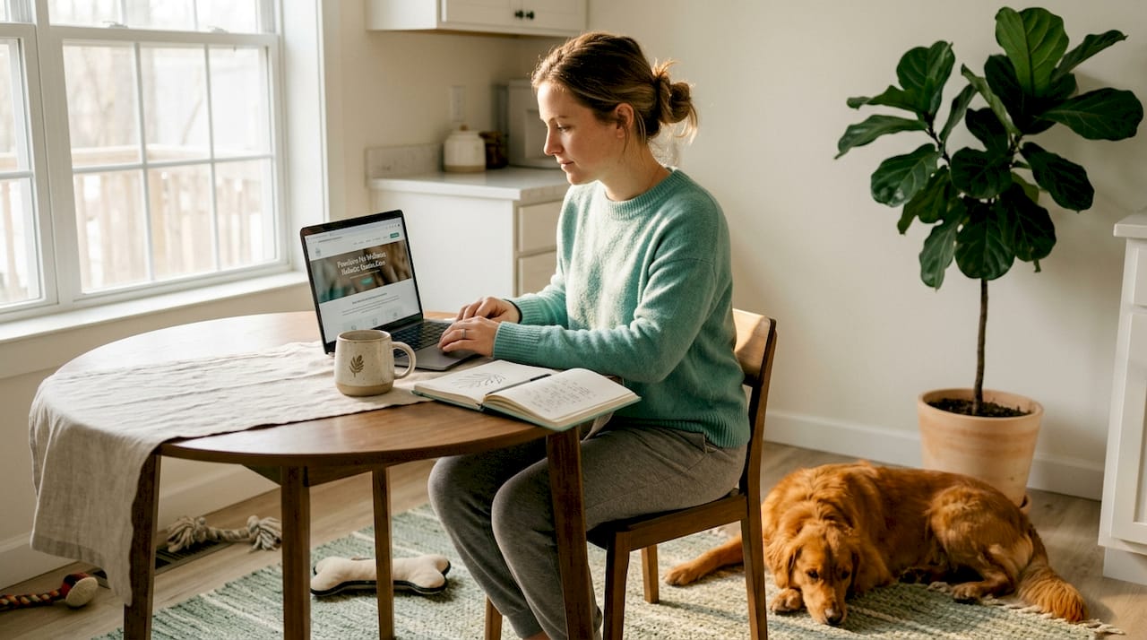 Woman researching pet wellness sites at kitchen table