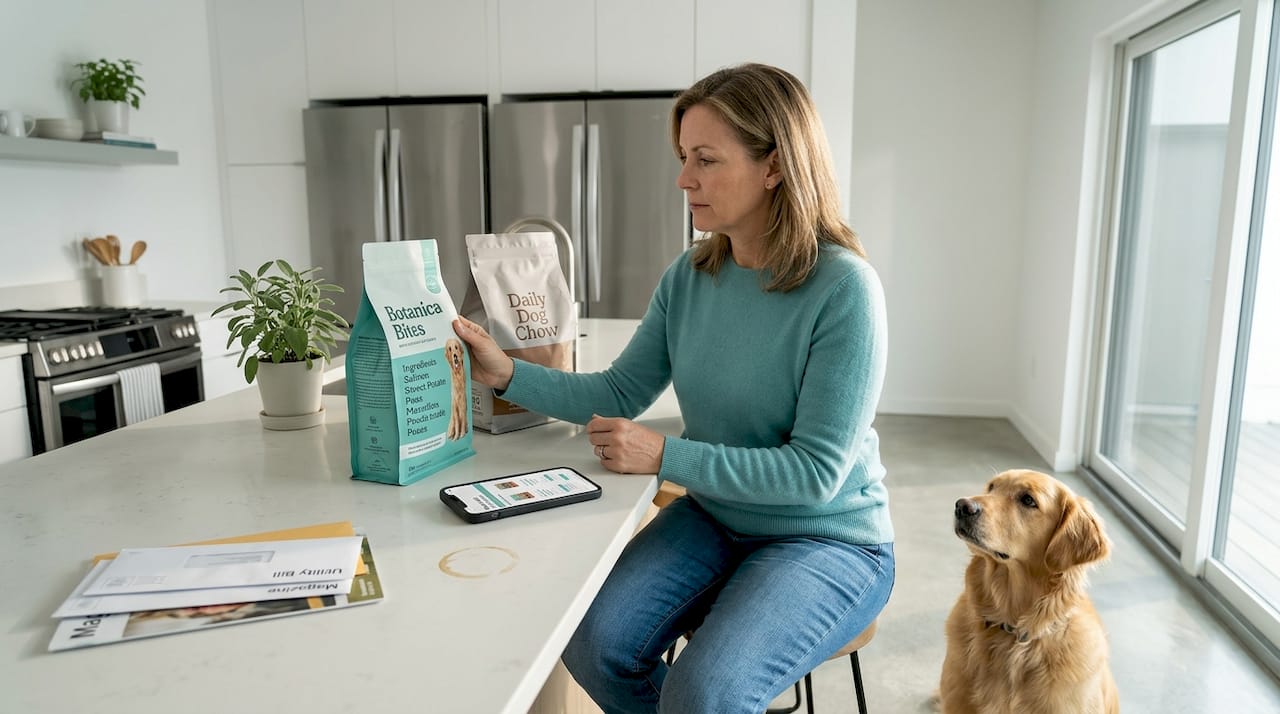 Woman comparing dog food bags in kitchen