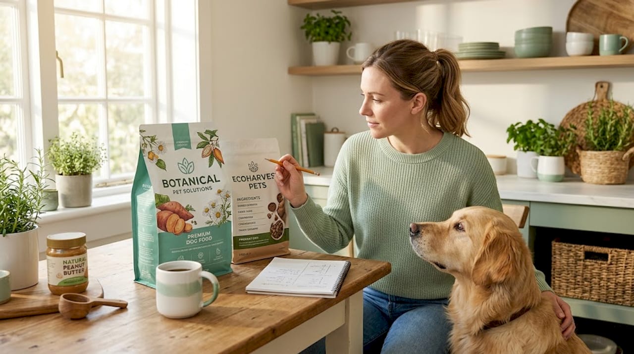 Woman comparing dog food bags in kitchen
