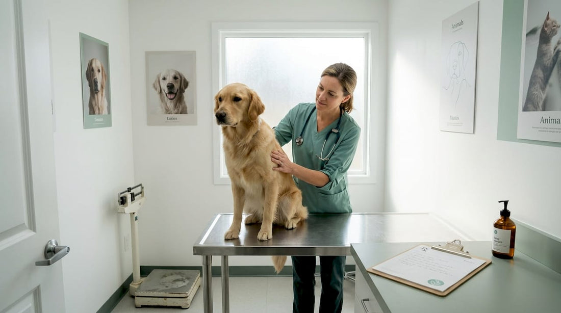 Veterinarian examining golden retriever in clinic