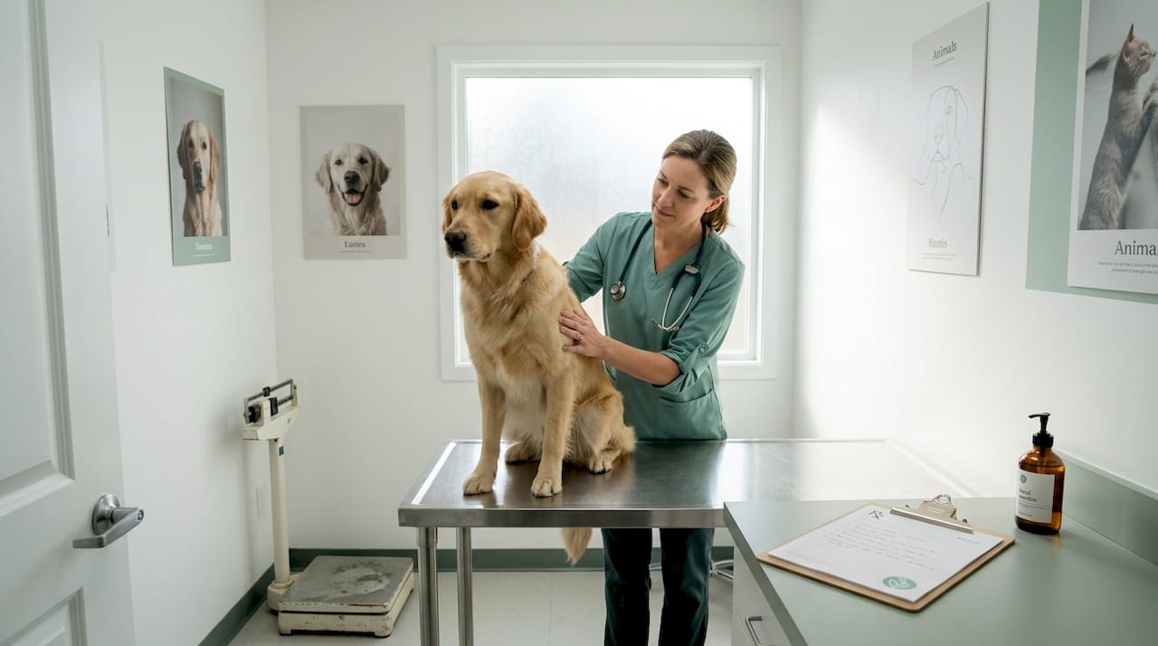 Veterinarian examining golden retriever in clinic