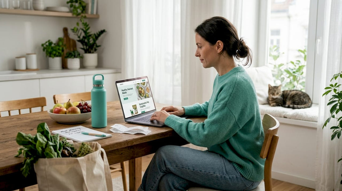 Woman comparing health products at kitchen table