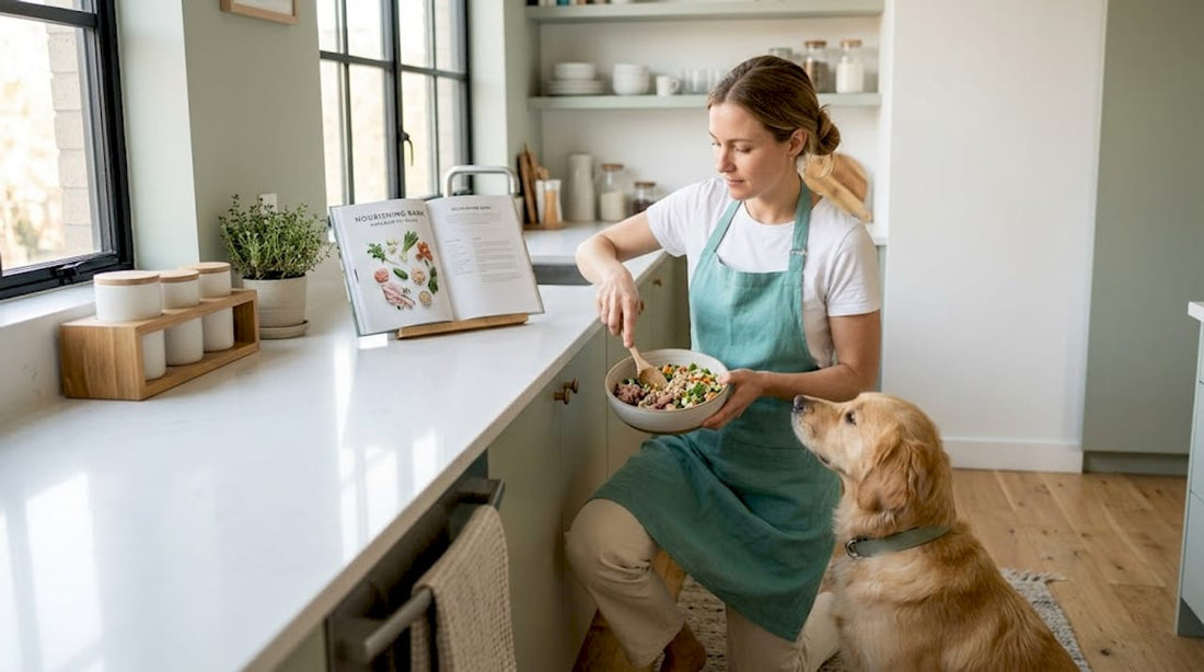 Dog owner serving fresh food in farmhouse kitchen