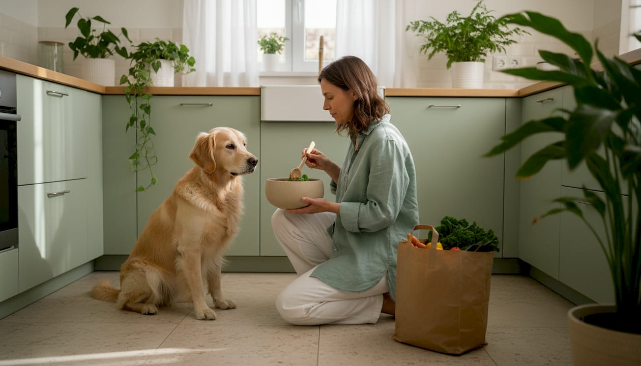 Pet owner preparing fresh food for dog in kitchen