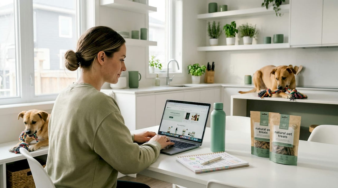 Woman compares wellness product sites at kitchen table