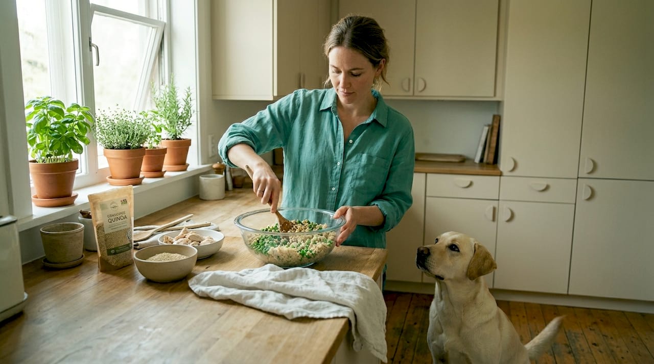 Woman preparing homemade dog food in kitchen