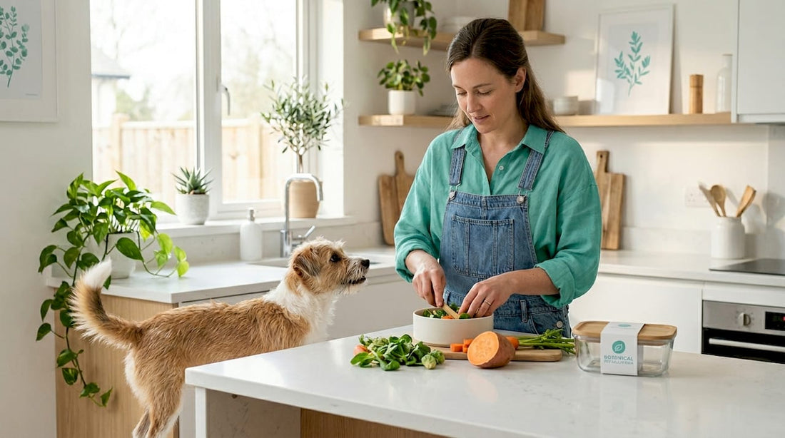 Woman prepares eco friendly pet food in kitchen