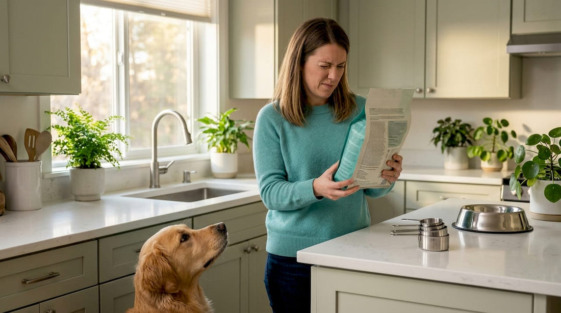 Dog owner reading dog food ingredients label
