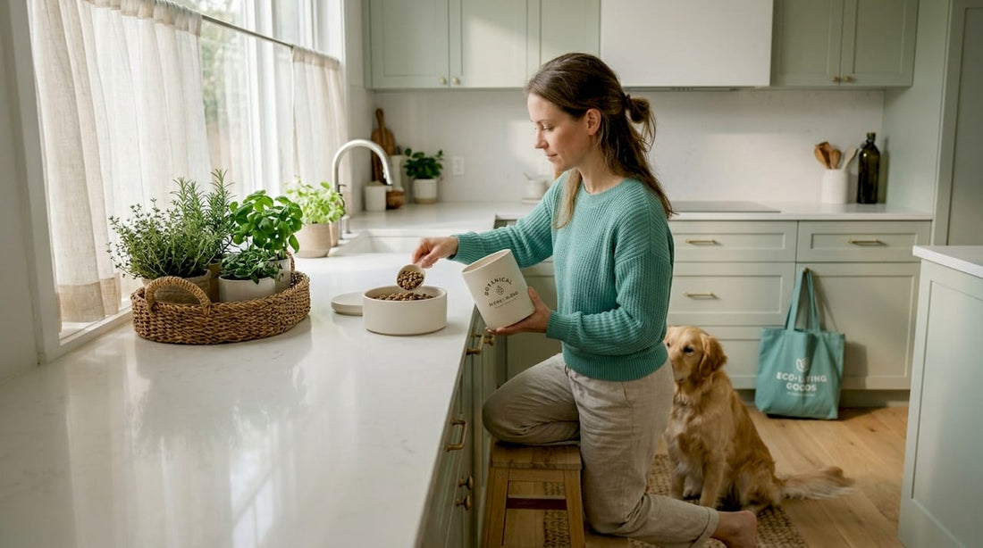 Dog waits by owner for breakfast in home kitchen
