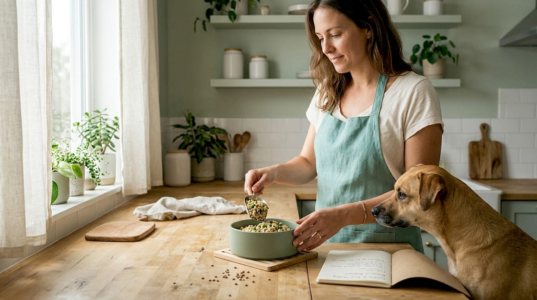 Pet owner makes plant-based dog meal in kitchen
