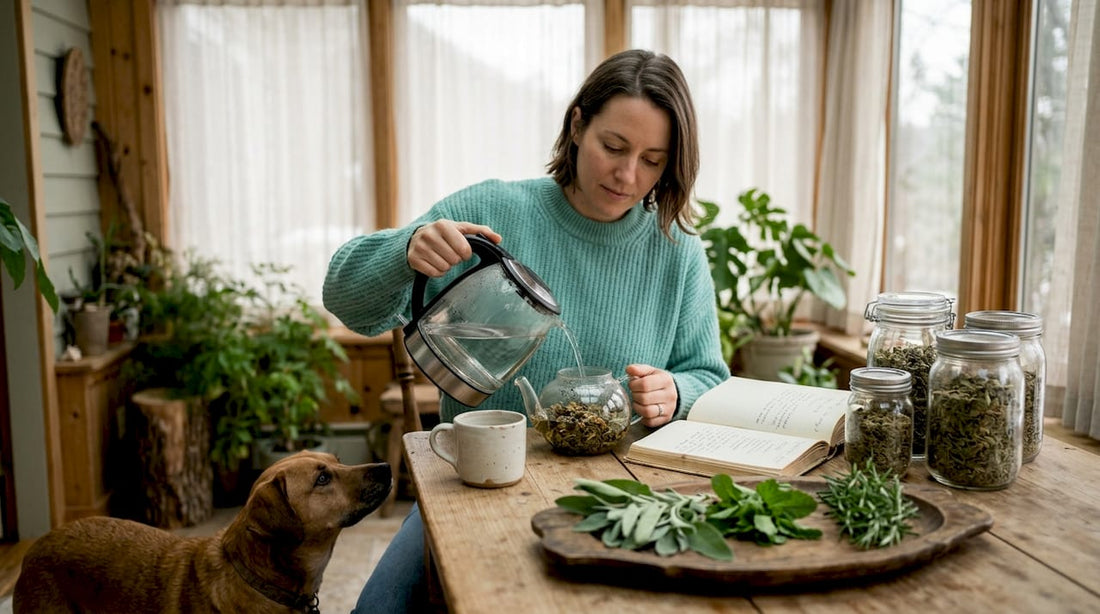 Woman brewing herbal tea with dog nearby
