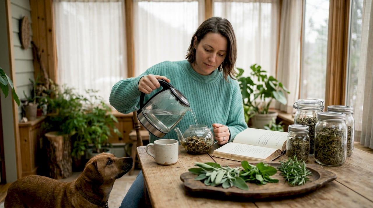 Woman brewing herbal tea with dog nearby