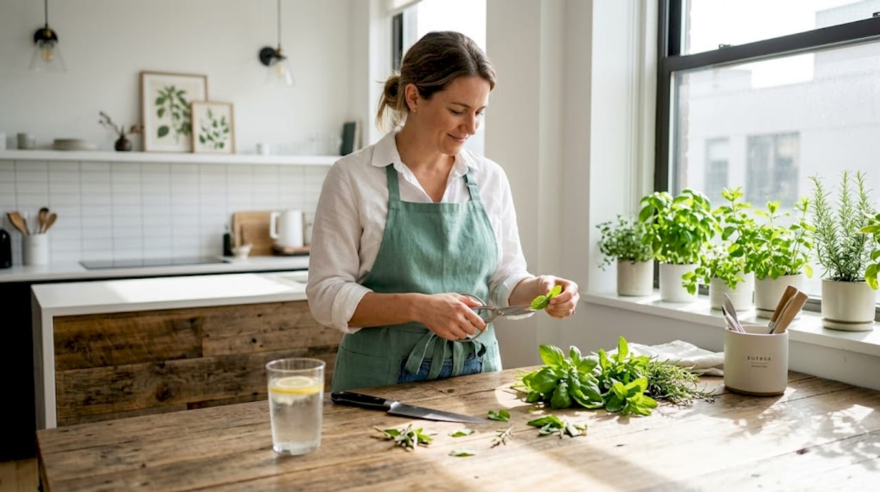 Woman trimming fresh herbs in sunlit kitchen