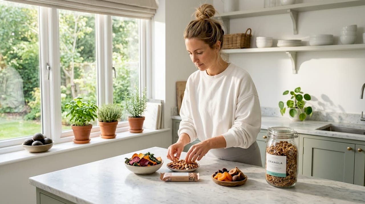 Woman arranging healthy snacks on kitchen counter