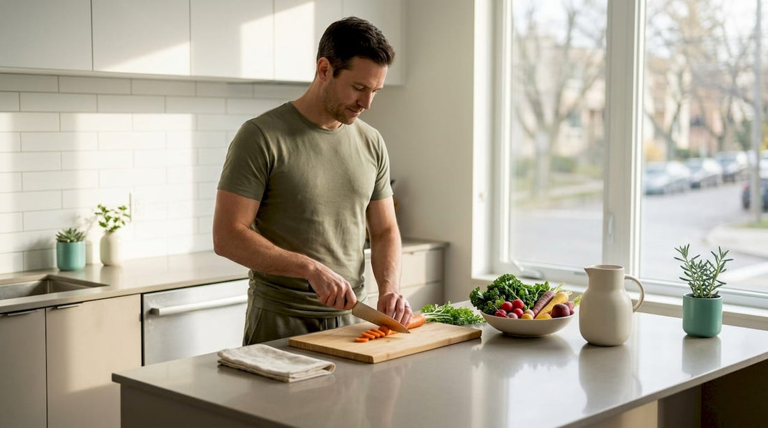 Man preparing healthy meal in natural light kitchen