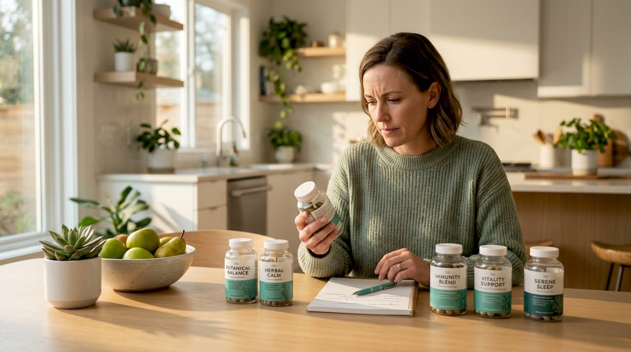 Woman comparing supplement bottles at kitchen table