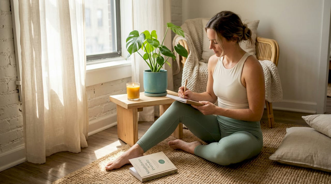 Woman writing in wellness journal at home