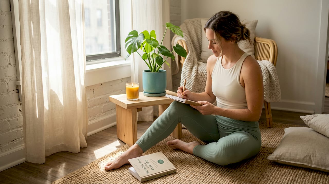 Woman writing in wellness journal at home