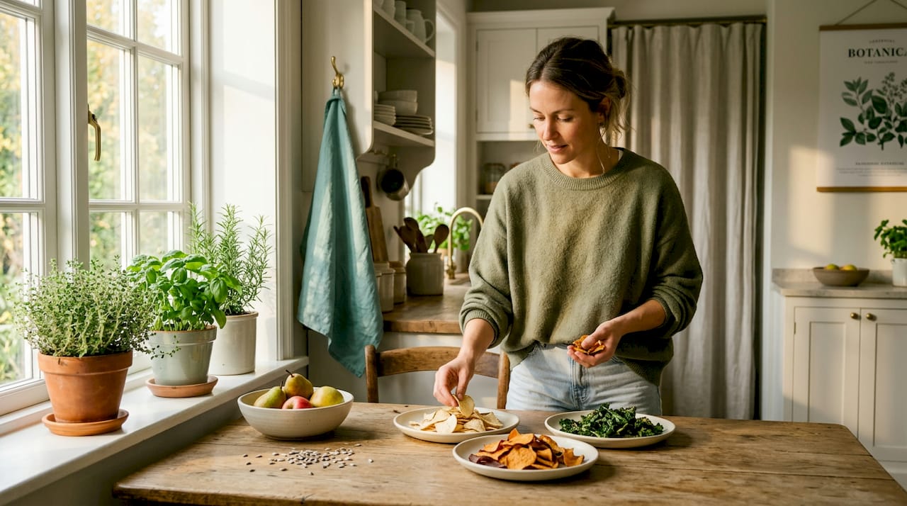 Woman choosing chips at kitchen table