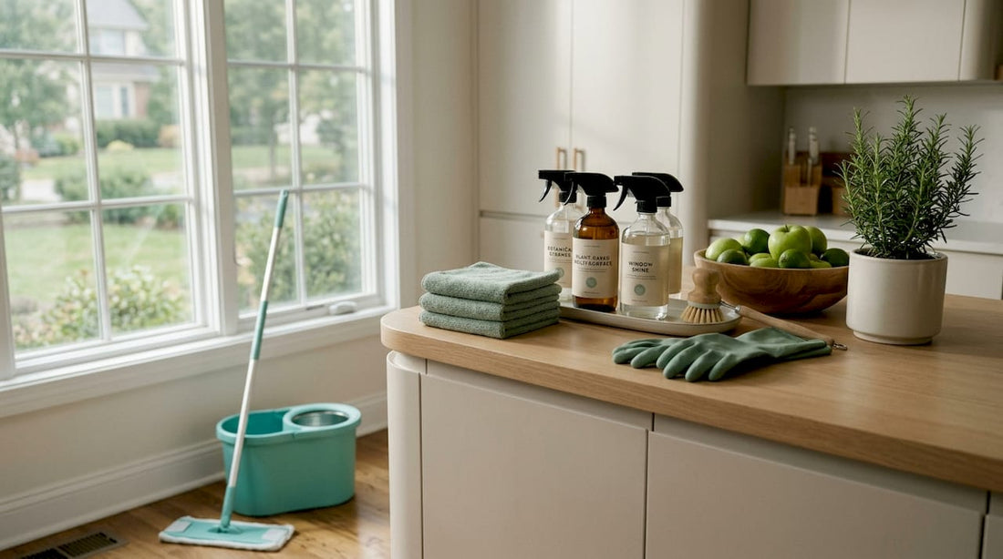 Organized cleaning supplies on kitchen counter